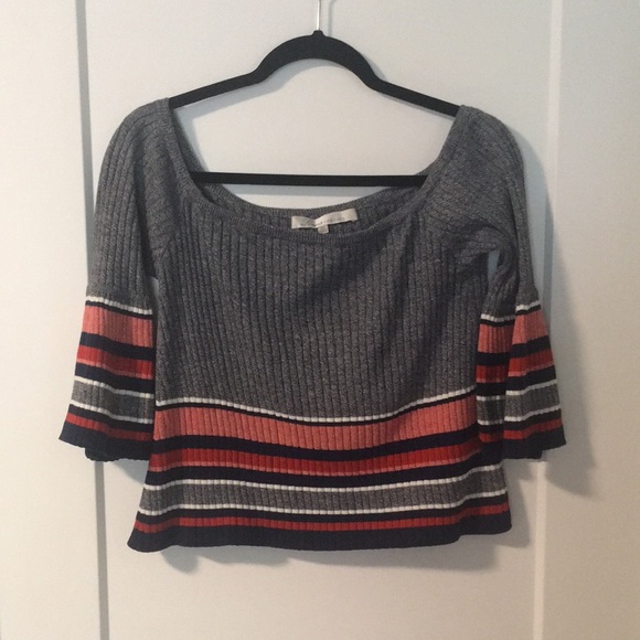Lovers + Friends Sweaters - Lovers + Friends Off-the-Shoulder Striped Gray Crop Sweater Size M